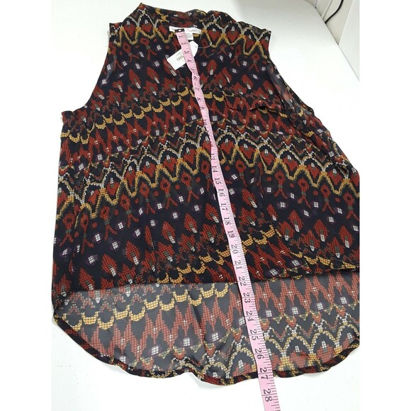 Sans Souci High Low Wrapped Sheer Top Blouse Geometric Red Blue L  New NWT - Picture 7 of 9